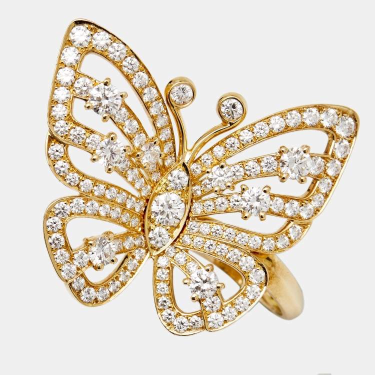 Pre Owned Van Cleef & Arpels Flying Butterfly Between the Finger Diamond 18k Yellow Gold Ring Size 53