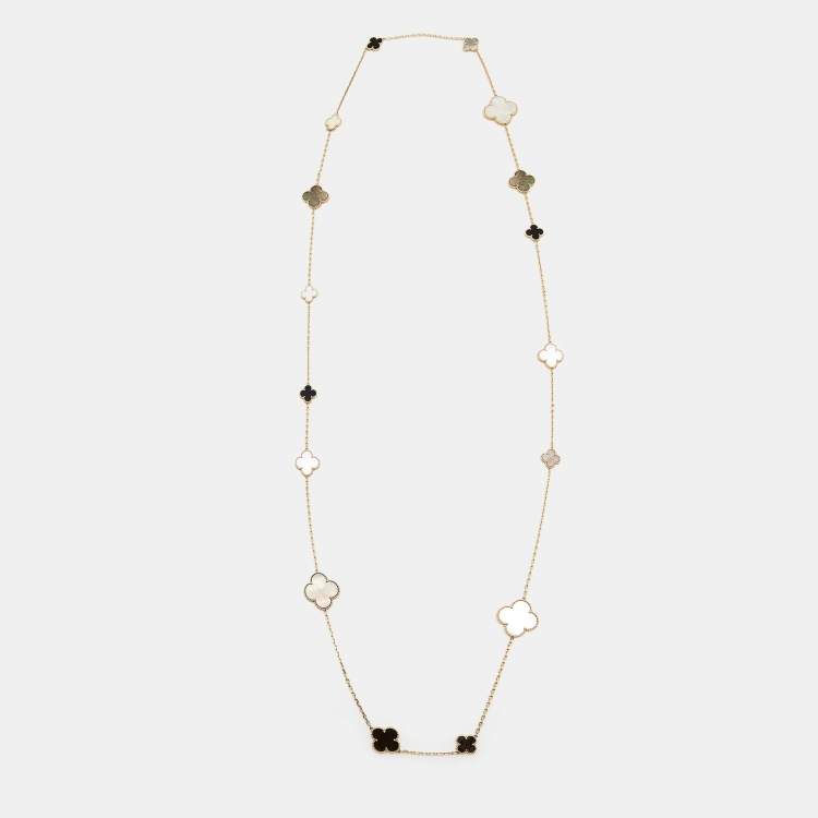 Pre Owned Van Cleef & Arpels Magic Alhambra 16 Motif Mother of Pearl Onyx 18k Yellow Gold Long Station Necklace