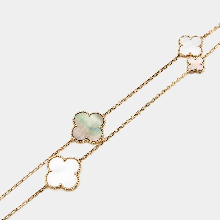 Pre Owned Van Cleef & Arpels Magic Alhambra 16 Motif Mother of Pearl Onyx 18k Yellow Gold Long Station Necklace