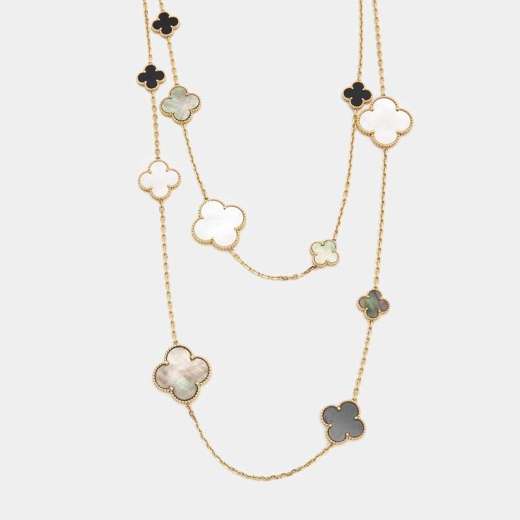 Pre Owned Van Cleef & Arpels Magic Alhambra 16 Motif Mother of Pearl Onyx 18k Yellow Gold Long Station Necklace