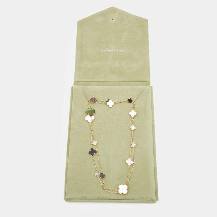 Pre Owned Van Cleef & Arpels Magic Alhambra 16 Motif Mother of Pearl Onyx 18k Yellow Gold Long Station Necklace