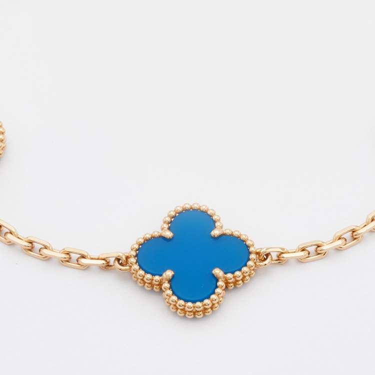 Pre Owned Van Cleef & Arpels Vintage Alhambra Agate 18k Yellow Gold 5 Motif Station Bracelet