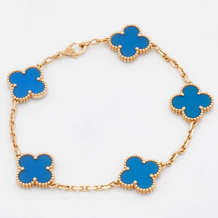 Pre Owned Van Cleef & Arpels Vintage Alhambra Agate 18k Yellow Gold 5 Motif Station Bracelet