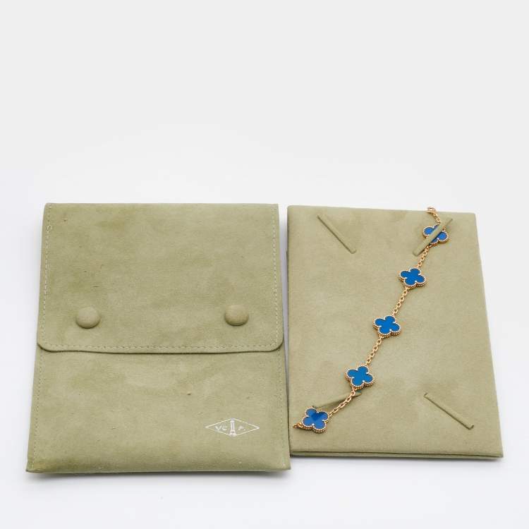 Pre Owned Van Cleef & Arpels Vintage Alhambra Agate 18k Yellow Gold 5 Motif Station Bracelet