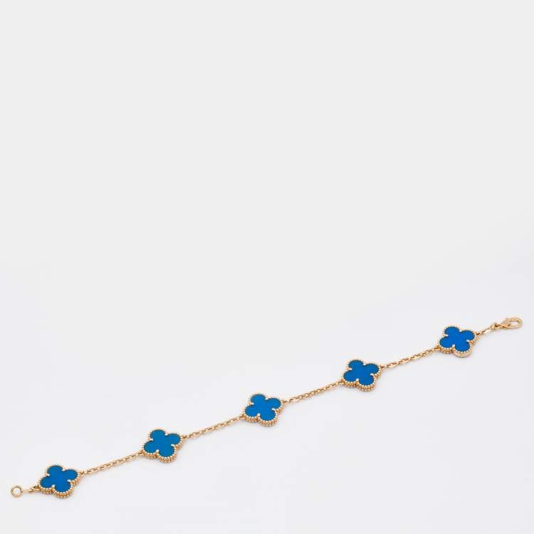 Pre Owned Van Cleef & Arpels Vintage Alhambra Agate 18k Yellow Gold 5 Motif Station Bracelet