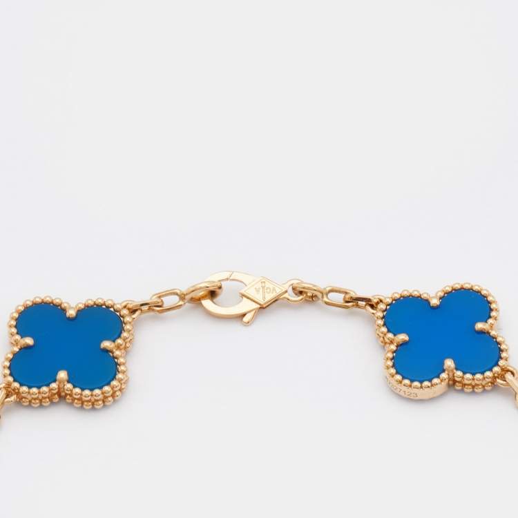 Pre Owned Van Cleef & Arpels Vintage Alhambra Agate 18k Yellow Gold 5 Motif Station Bracelet