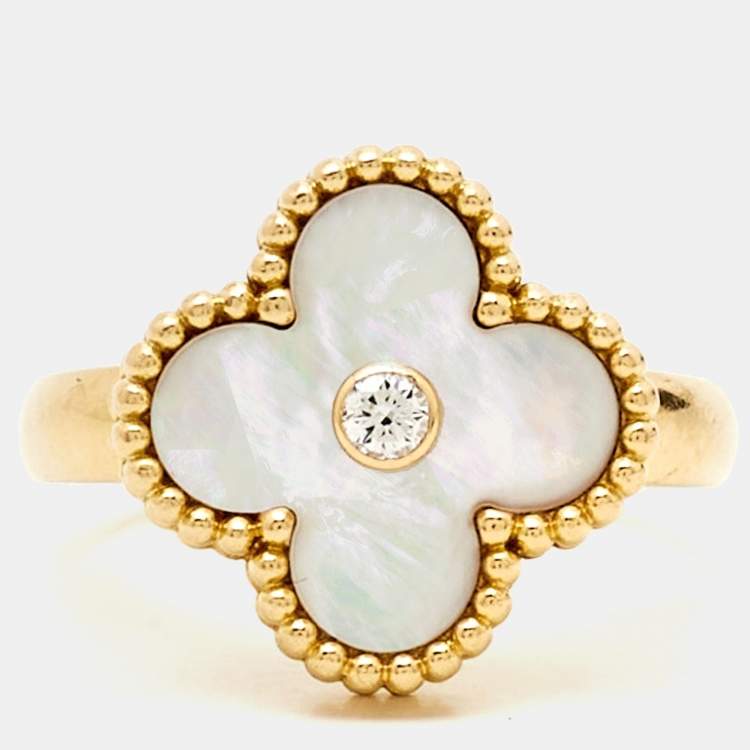 Pre Owned Van Cleef & Arpels Vintage Alhambra Diamond Mother of Pearl 18K Yellow Gold Ring Size 51