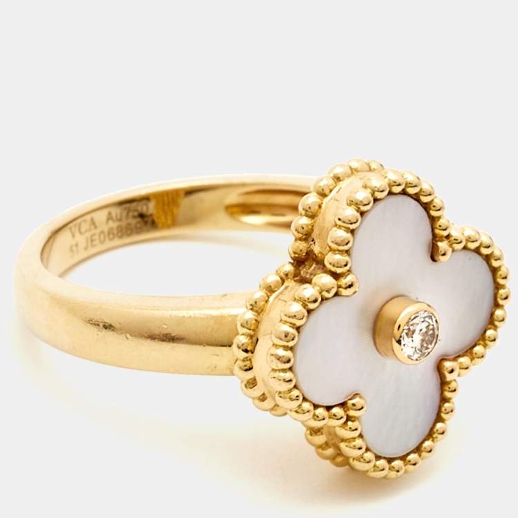 Pre Owned Van Cleef & Arpels Vintage Alhambra Diamond Mother of Pearl 18K Yellow Gold Ring Size 51