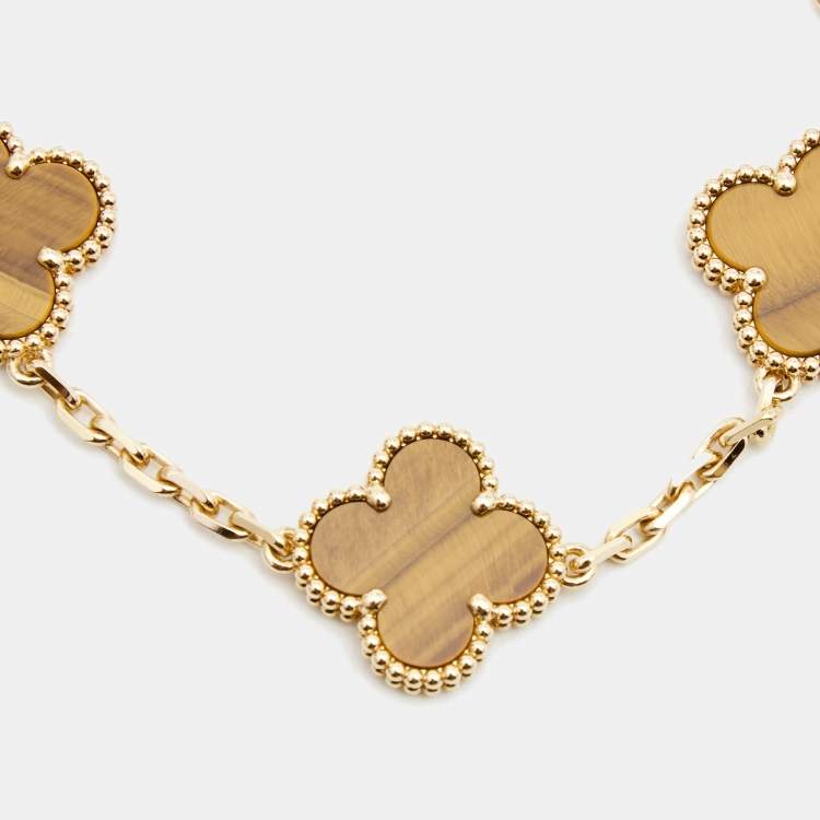 Pre Owned Van Cleef & Arpels Vintage Alhambra Tiger's Eye 18k Yellow Gold 5 Motif Station Bracelet