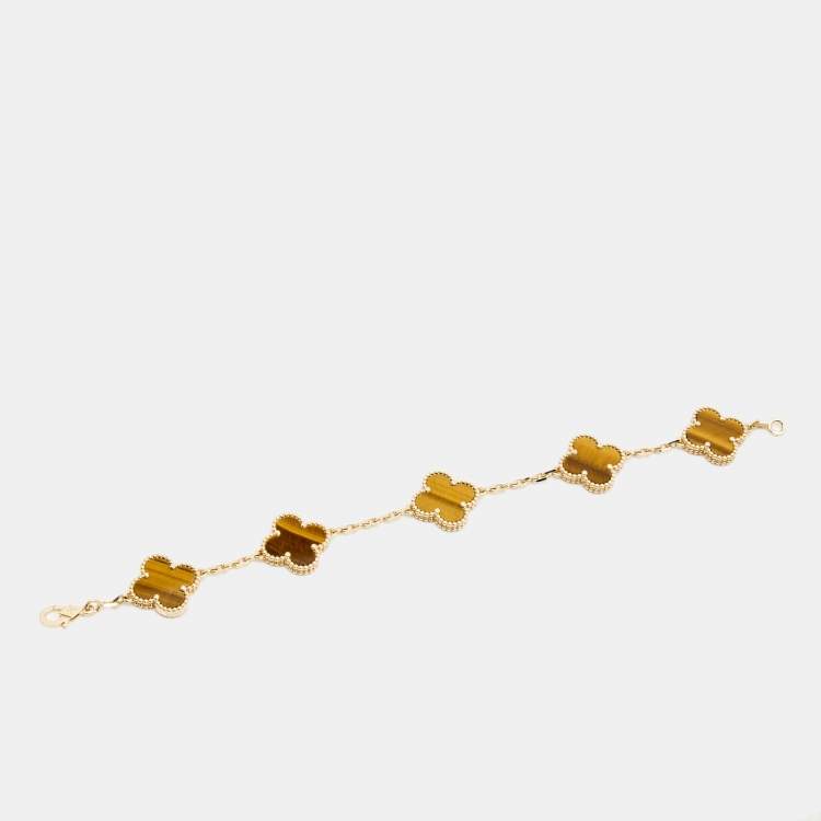 Pre Owned Van Cleef & Arpels Vintage Alhambra Tiger's Eye 18k Yellow Gold 5 Motif Station Bracelet