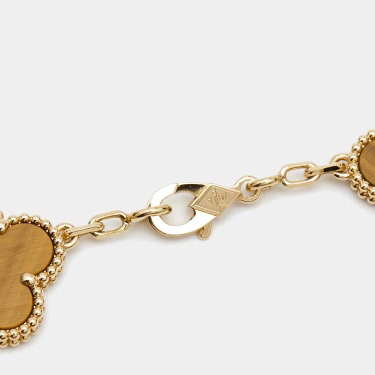 Pre Owned Van Cleef & Arpels Vintage Alhambra Tiger's Eye 18k Yellow Gold 5 Motif Station Bracelet