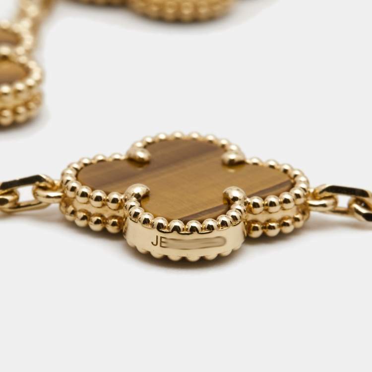 Pre Owned Van Cleef & Arpels Vintage Alhambra Tiger's Eye 18k Yellow Gold 5 Motif Station Bracelet