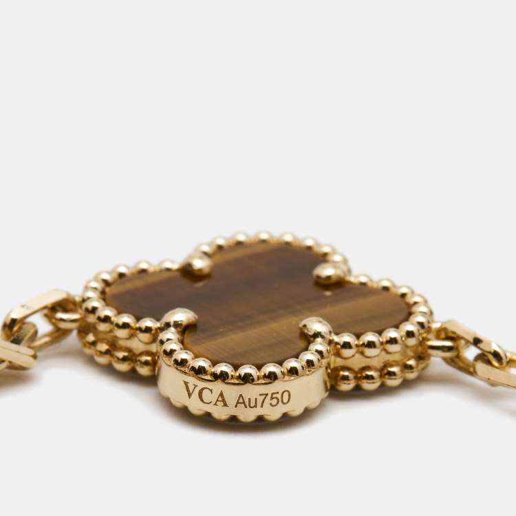 Pre Owned Van Cleef & Arpels Vintage Alhambra Tiger's Eye 18k Yellow Gold 5 Motif Station Bracelet