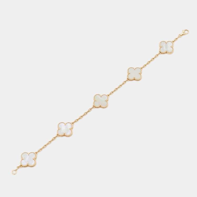 Pre Owned Van Cleef & Arpels Vintage Alhambra Mother of Pearl 18k Yellow Gold Station Bracelet