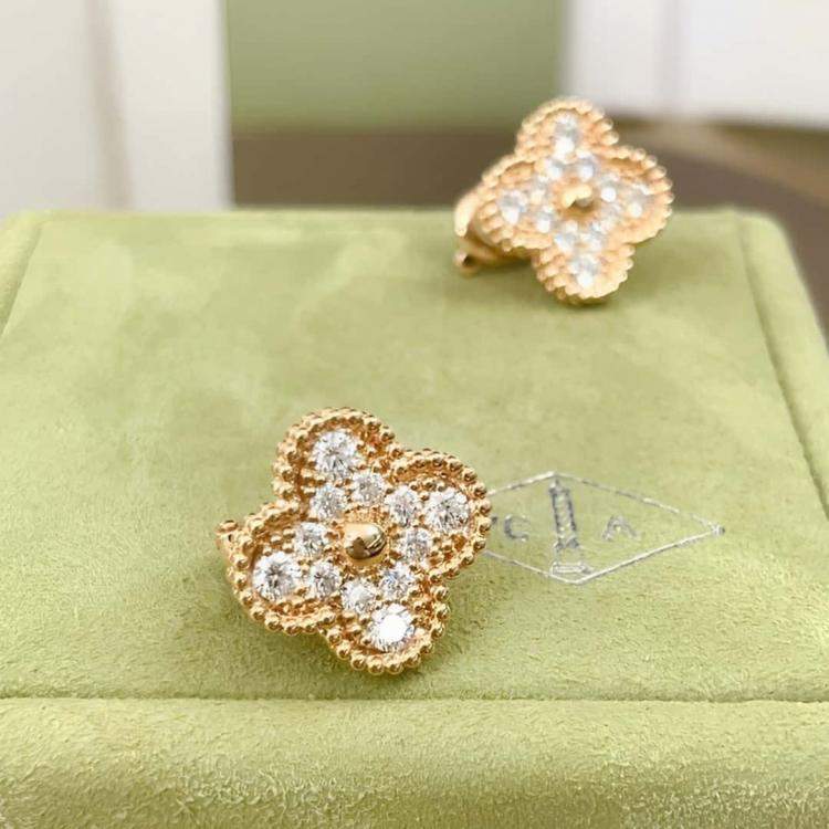 Pre Owned Van Cleef & Arpels Vintage Alhambra Diamond 18K Rose Gold Earrings