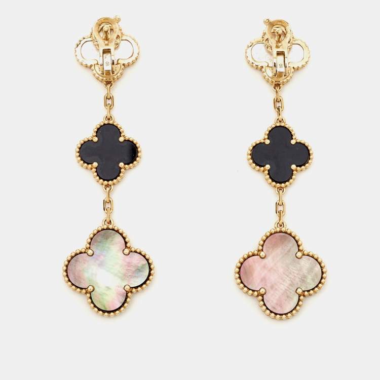 Pre Owned Van Cleef & Arpels Magic Alhambra Mother of Pearl Onyx 18k Yellow Gold Earrings