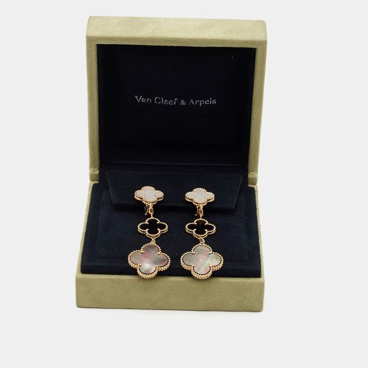 Pre Owned Van Cleef & Arpels Magic Alhambra Mother of Pearl Onyx 18k Yellow Gold Earrings