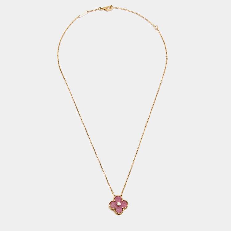 Pre Owned Van Cleef & Arpels Vintage Alhambra Rhodonite Diamond 18k Rose Gold Necklace