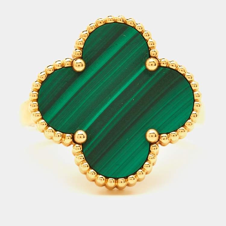 Pre Owned Van Cleef & Arpels Magic Alhambra Malachite 18k Yellow Gold Ring Size 57