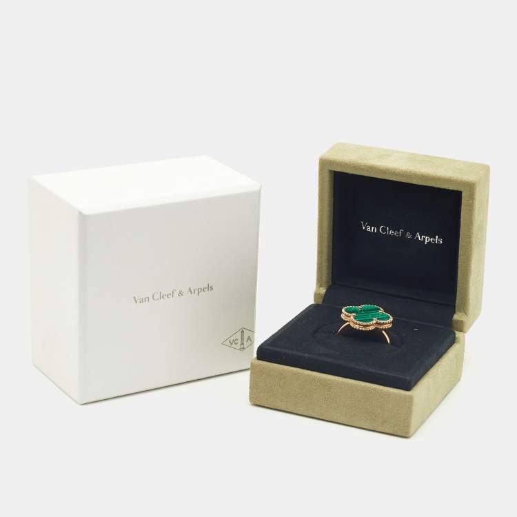 Pre Owned Van Cleef & Arpels Magic Alhambra Malachite 18k Yellow Gold Ring Size 57