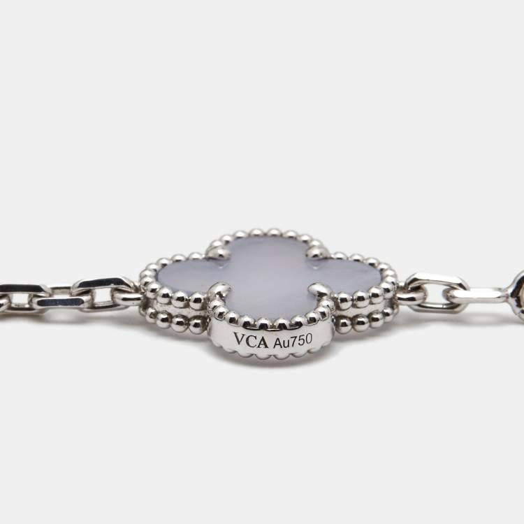 Pre Owned Van Cleef & Arpels Vintage Alhambra Chalcedony 18K White Gold 10 Motif Station Necklace