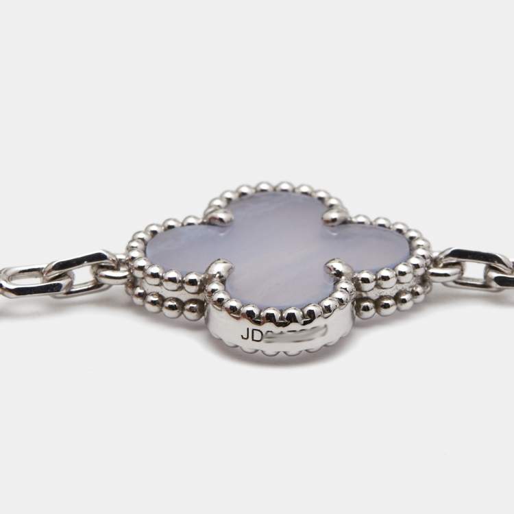 Pre Owned Van Cleef & Arpels Vintage Alhambra Chalcedony 18K White Gold 10 Motif Station Necklace