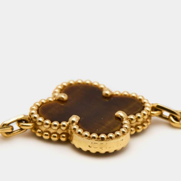 Pre Owned Van Cleef & Arpels Vintage Alhambra Tiger's Eye 18k Yellow Gold 5 Motif Station Bracelet