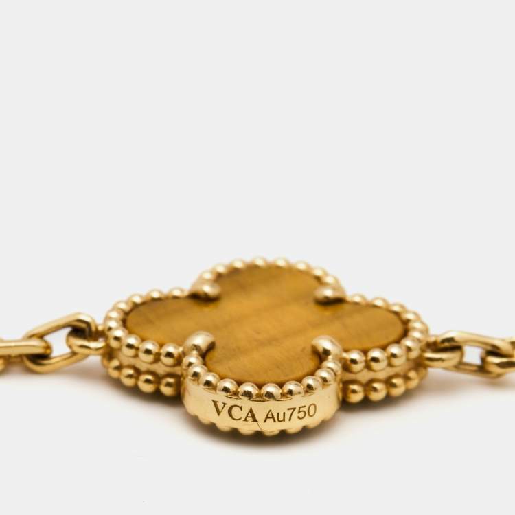 Pre Owned Van Cleef & Arpels Vintage Alhambra Tiger's Eye 18k Yellow Gold 5 Motif Station Bracelet