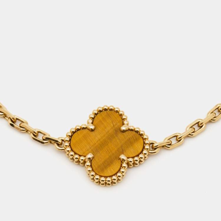 Pre Owned Van Cleef & Arpels Vintage Alhambra Tiger's Eye 18k Yellow Gold 5 Motif Station Bracelet