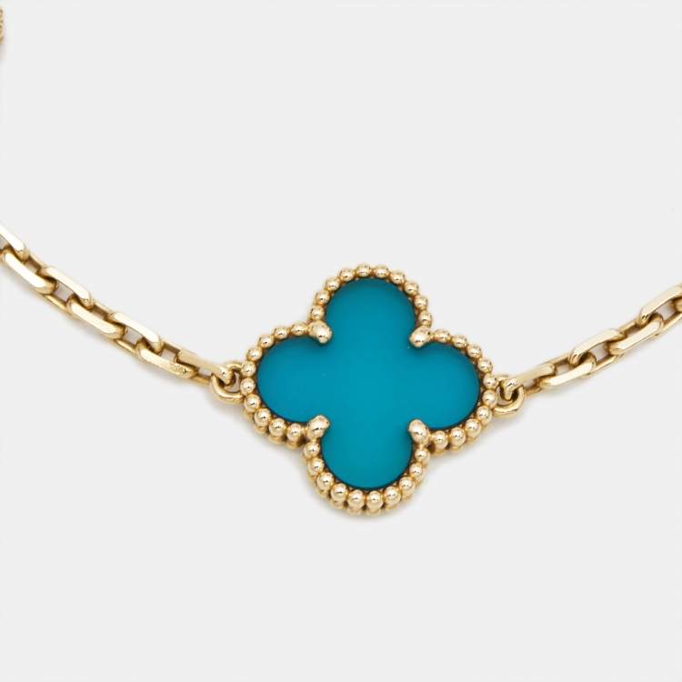 Pre Owned Van Cleef & Arpels Vintage Alhambra Agate 18k Yellow Gold 5 Motif Station Bracelet