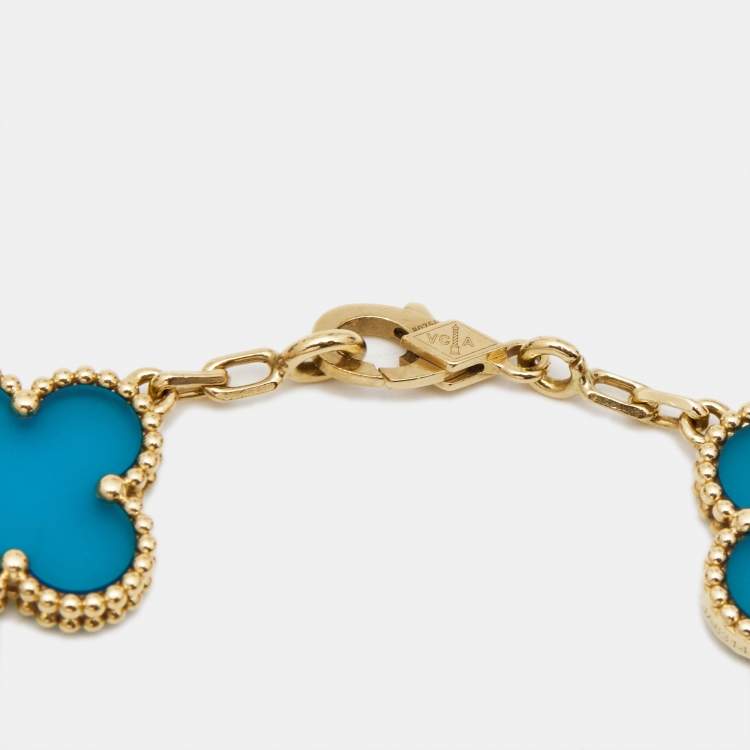 Pre Owned Van Cleef & Arpels Vintage Alhambra Agate 18k Yellow Gold 5 Motif Station Bracelet