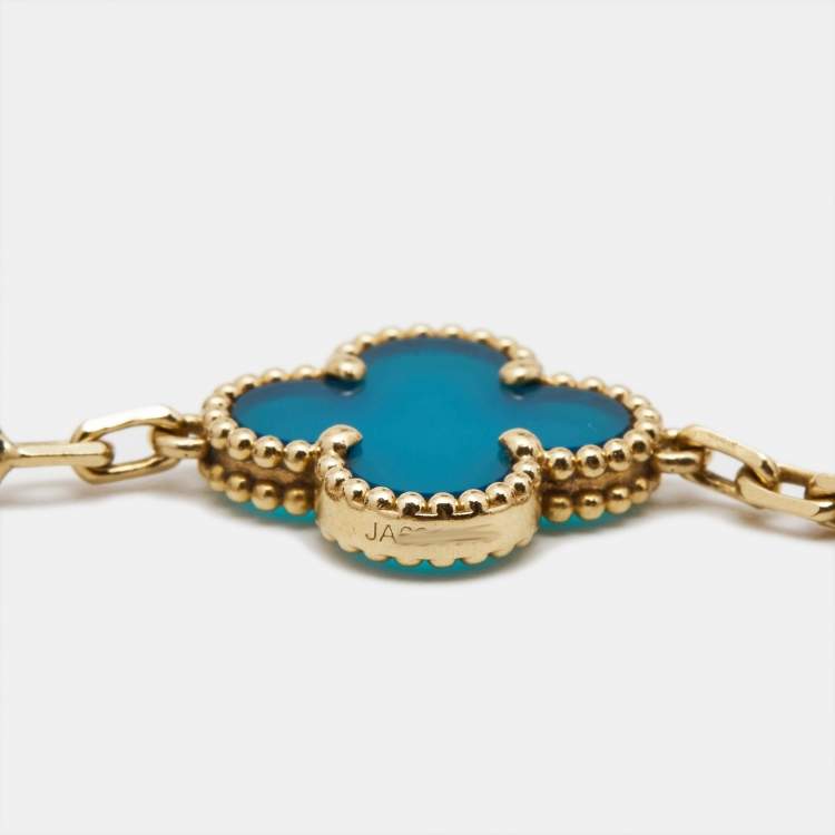 Pre Owned Van Cleef & Arpels Vintage Alhambra Agate 18k Yellow Gold 5 Motif Station Bracelet