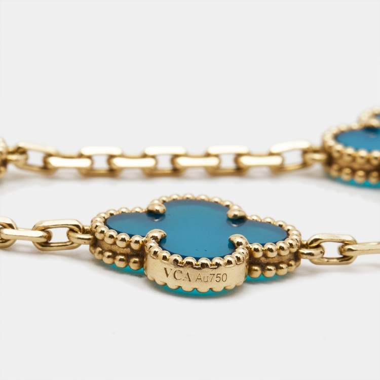 Pre Owned Van Cleef & Arpels Vintage Alhambra Agate 18k Yellow Gold 5 Motif Station Bracelet