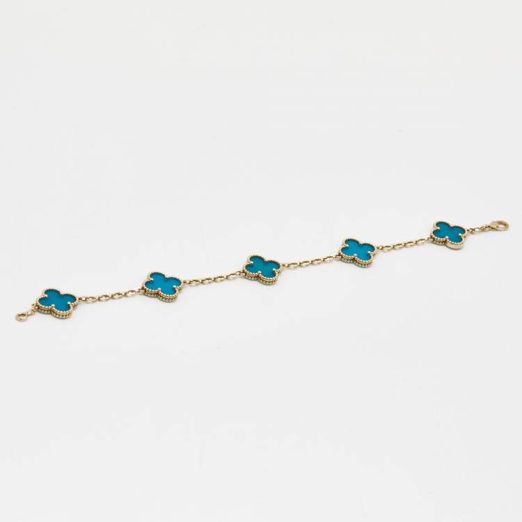 Pre Owned Van Cleef & Arpels Vintage Alhambra Agate 18k Yellow Gold 5 Motif Station Bracelet