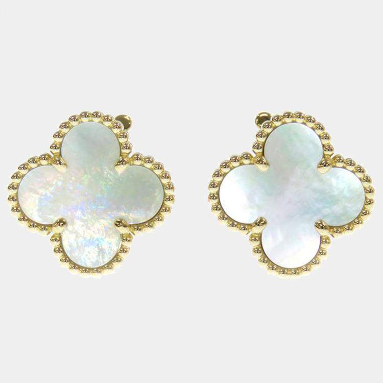 Pre Owned Van Cleef & Arpels Vintage Alhambra 18K Yellow Gold Mother of Pearl Earrings