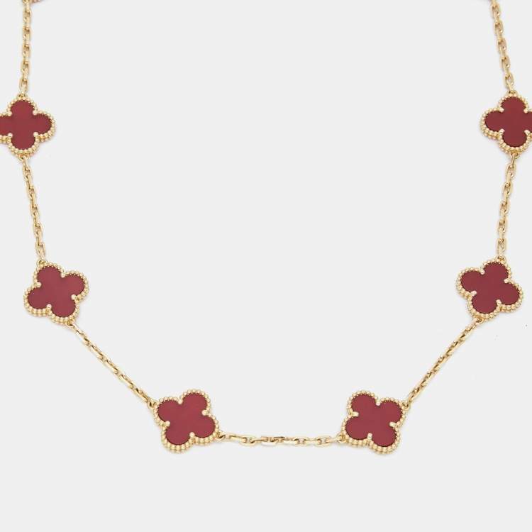 Pre Owned Van Cleef & Arpels Vintage Alhambra Carnelian 18k Yellow Gold Necklace