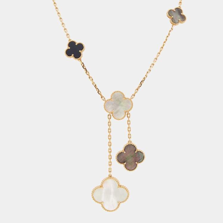 Pre Owned Van Cleef & Arpels Magic Alhambra Mother of Pearl Onyx 18k Yellow Gold Necklace