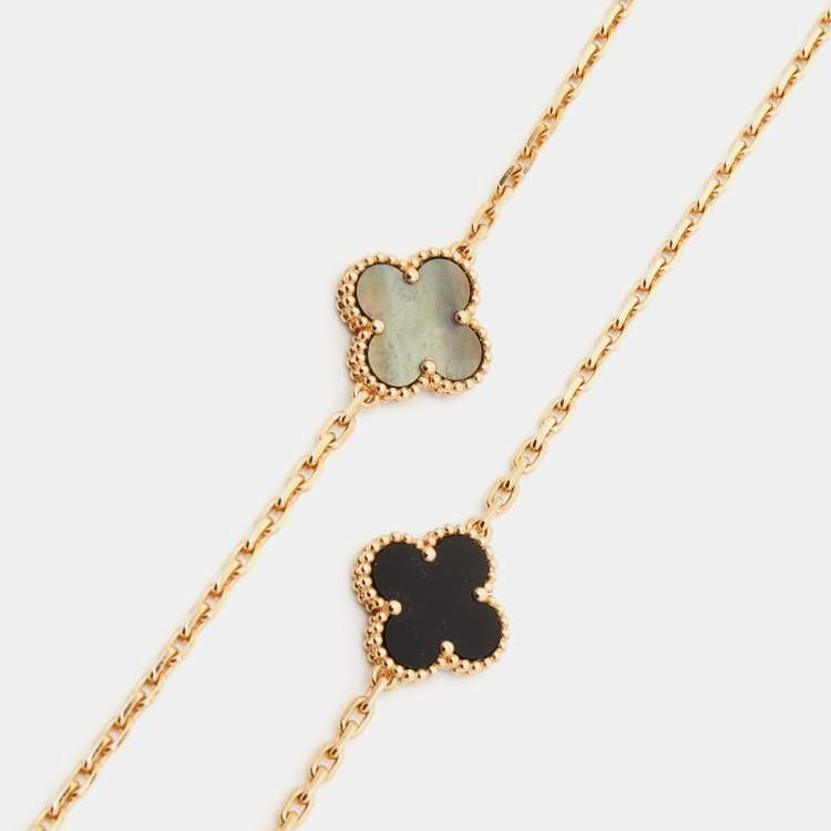 Pre Owned Van Cleef & Arpels Magic Alhambra Mother of Pearl Onyx 18k Yellow Gold Necklace