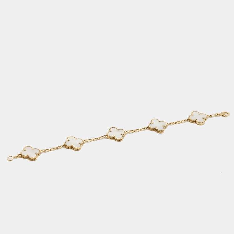 Pre Owned Van Cleef & Arpels Vintage Alhambra Mother of Pearl 18k Yellow Gold 5 Motif Station Bracelet