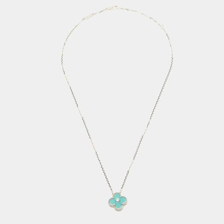 Pre Owned Van Cleef & Arpels Vintage Alhambra Celadon Sèvres Porcelain Diamond 18K White Gold 2022 Holiday Pendant Necklace