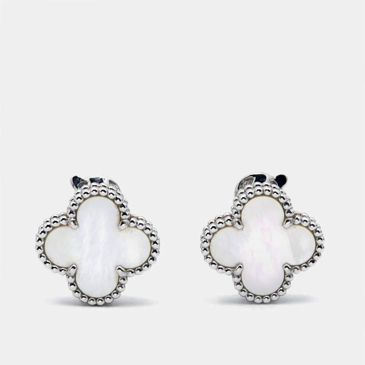 Pre Owned Van Cleef & Arpels Vintage Alhambra Mother of Pearl 18k White Gold Earrings