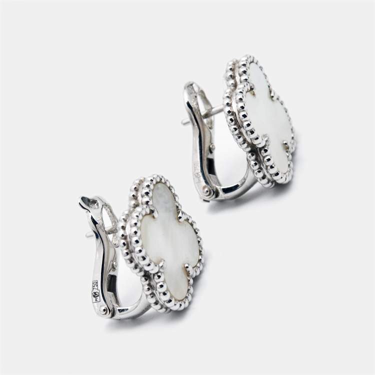 Pre Owned Van Cleef & Arpels Vintage Alhambra Mother of Pearl 18k White Gold Earrings