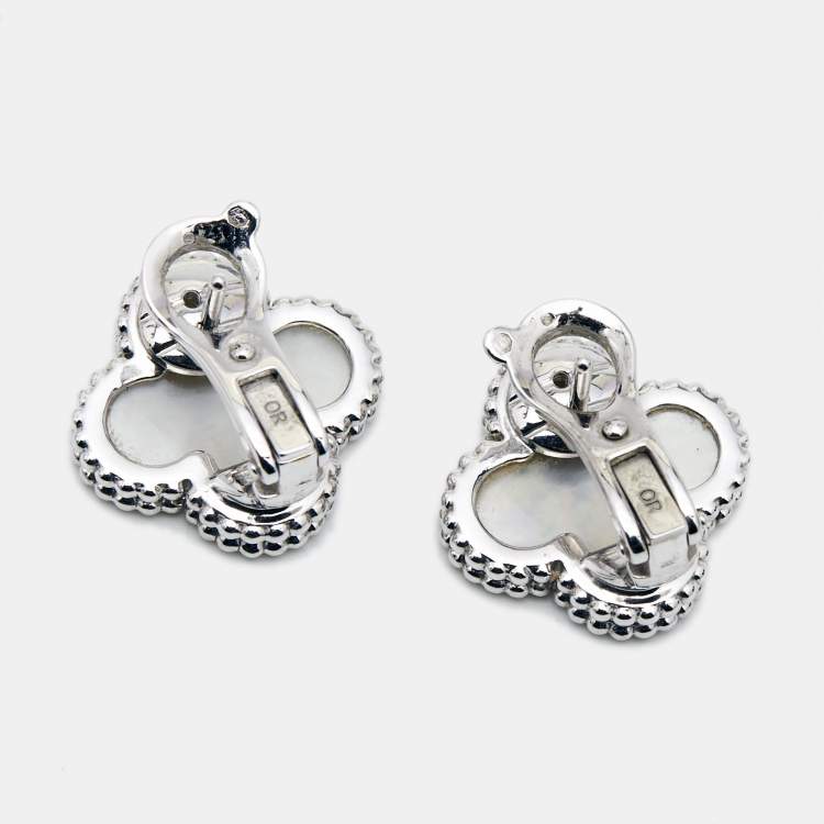 Pre Owned Van Cleef & Arpels Vintage Alhambra Mother of Pearl 18k White Gold Earrings