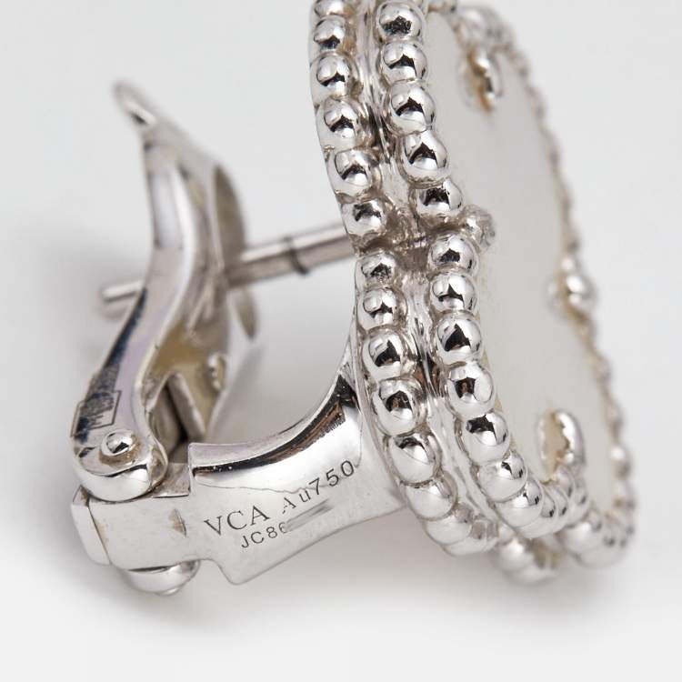 Pre Owned Van Cleef & Arpels Vintage Alhambra Mother of Pearl 18k White Gold Earrings