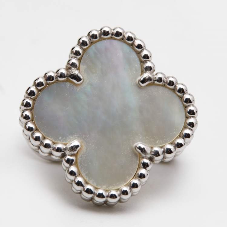 Pre Owned Van Cleef & Arpels Vintage Alhambra Mother of Pearl 18k White Gold Earrings