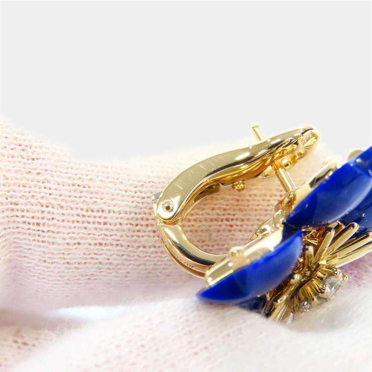 Pre Owned Van Cleef & Arpels Rose De Noel 18K Yellow Gold Diamond Lapis Lazuli Earrings