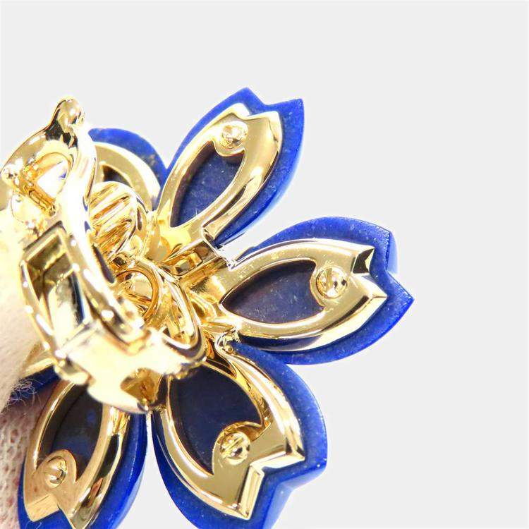 Pre Owned Van Cleef & Arpels Rose De Noel 18K Yellow Gold Diamond Lapis Lazuli Earrings