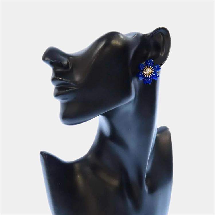 Pre Owned Van Cleef & Arpels Rose De Noel 18K Yellow Gold Diamond Lapis Lazuli Earrings