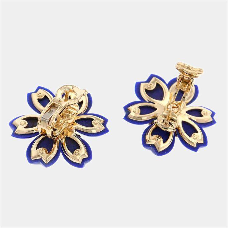 Pre Owned Van Cleef & Arpels Rose De Noel 18K Yellow Gold Diamond Lapis Lazuli Earrings