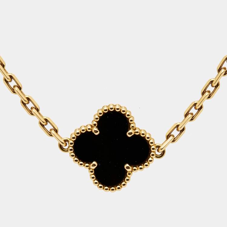 Pre Owned Van Cleef & Arpels Vintage Alhambra Onyx 18k Yellow Gold 5 Motif Station Bracelet